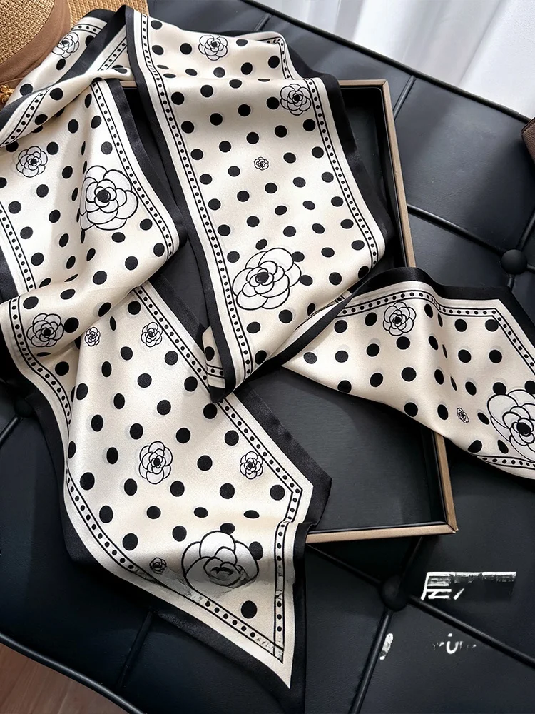 白い水玉模様のシルクロングスカーフ-レディース-2026年新作-高級感-サッシュマルベリーシルク-薄い細いスカーフ-リボン-春夏