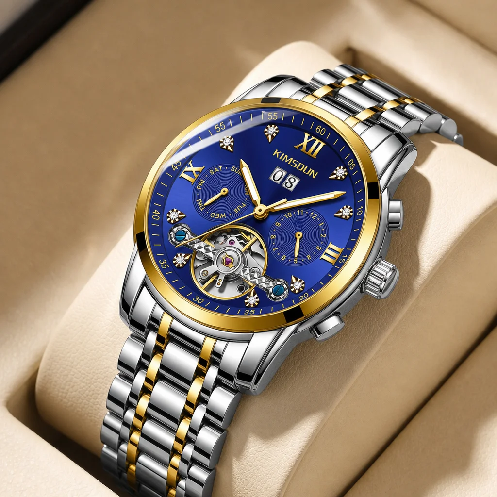 

1pcs Men's blue dial alloy strap vintage fashion open heart skeleton details Mechanical Watch for daily business party holiday