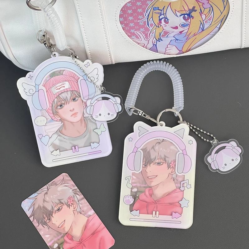 Korean Cute Headphone Acrylic Card Holder 3 Inch Kpop Idol Photo Protective Display Sleeves with Pendant Kawaii Stationery Gifts