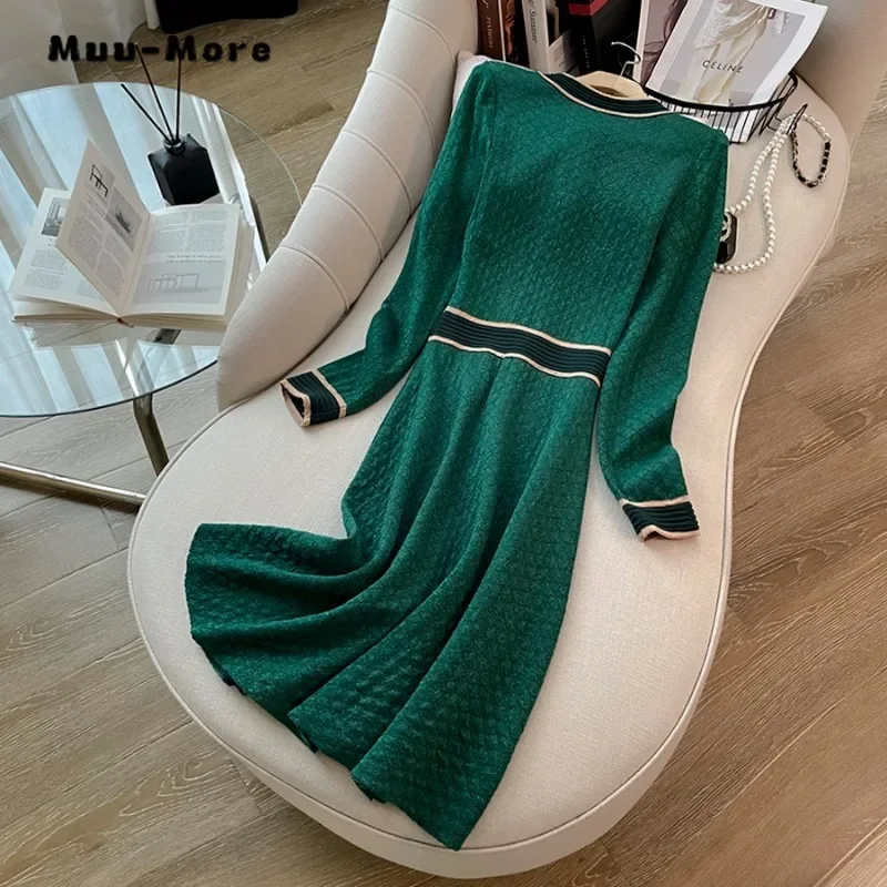 Vestido Midi de manga larga con cuello redondo para mujer, traje de oficina Vintage de retales, informal, elegante, cálido, invierno, 2023