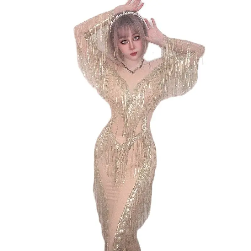 

New Sparkly Rhinestones Sequins Fringes Leotard for Women Sexy Mesh Transparent Performance Dance Costume Stage Wear Club Outfit