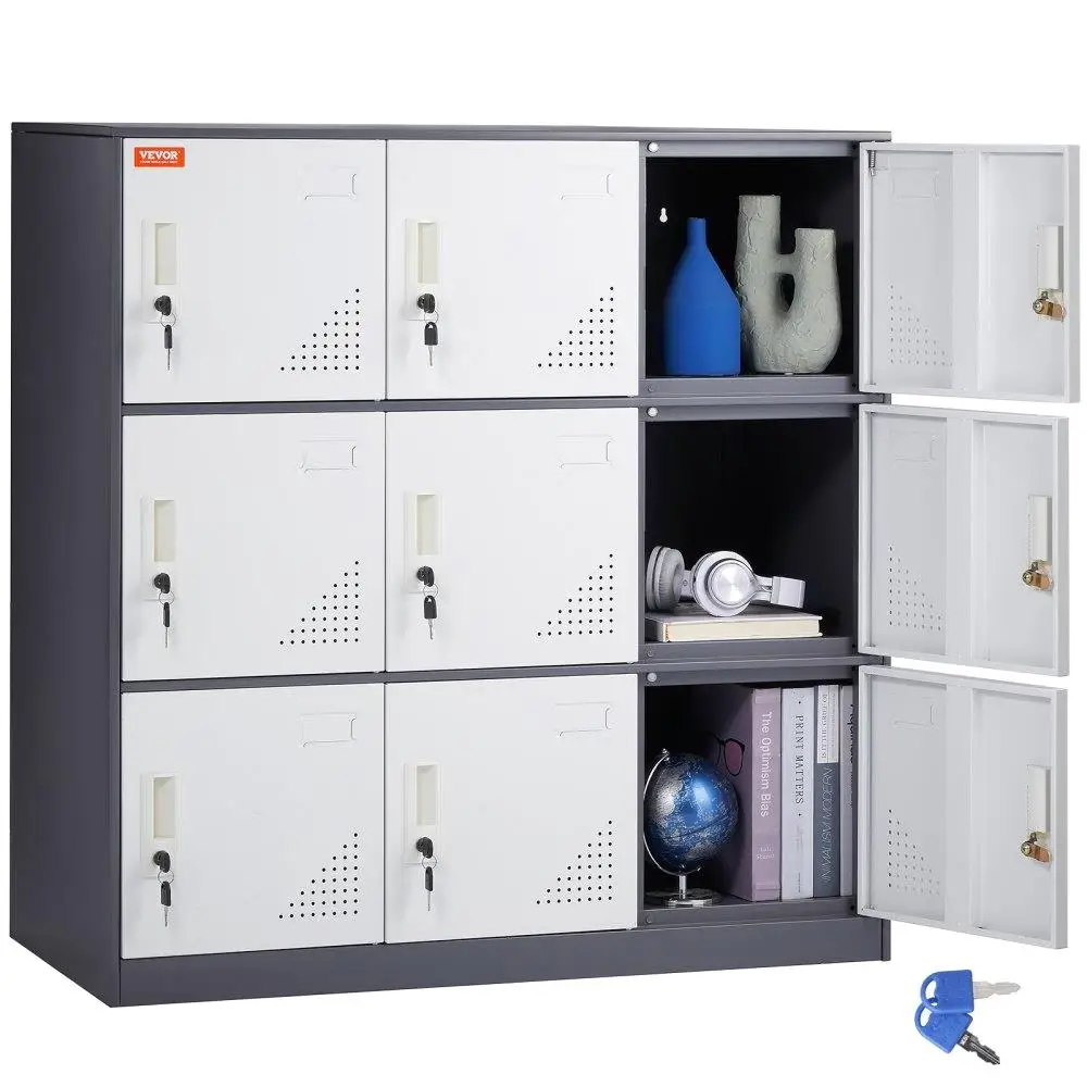 

9 Door Metal Employee Locker with Card Slot Gray Steel Office Storage Cabinet Heavy Duty Lockers for home School Gym 66lbs