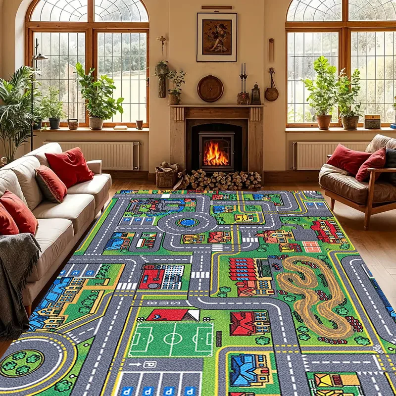 Kids Interactive City Road Map Area Rug Play Mat with Streets Buildings Parks Floor Mat for Playroom Living Room Nursery Decor