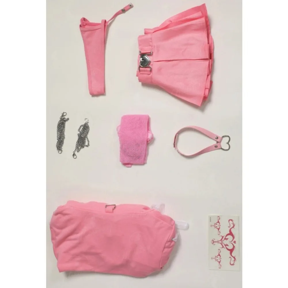 Mobbunny Women Kawaii Cat  Style Cospaly Costumes Sexy Lingerie Set Pink Heart Cutout Hoodie and Skirt with Thong Pantyhose