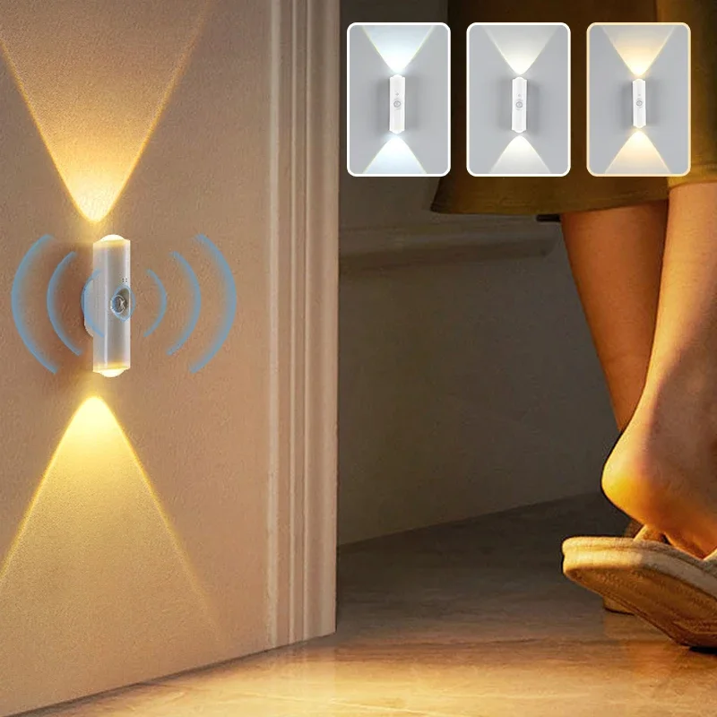 LED Motion Sensor Night Light Dual Head Design Rechargeable Battery Wireless Magnetic Rainbow Lamp for Steps Bedroom Hallway