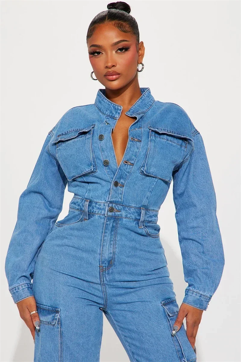 Streetwear Jeans Jumpsuit Spring Clothes 2025 Women Full Sleeve Multi Pockets Denim Rompers Playsuits One Pieces Overalls Outfit