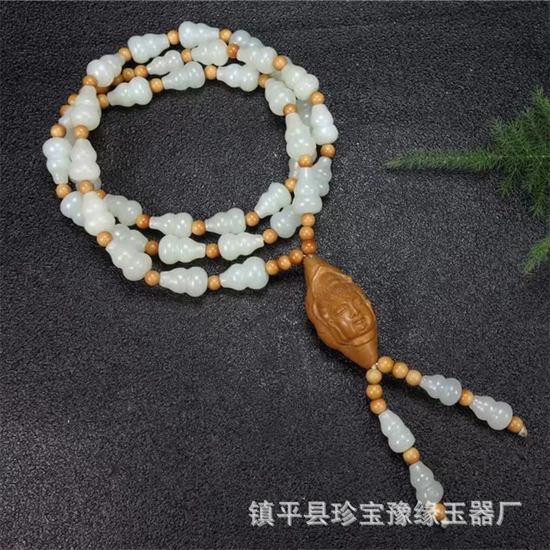 

Natural Hetian Necklace Green White Jade Olive Core Gourd Pendant Men and Women Handheld Beads