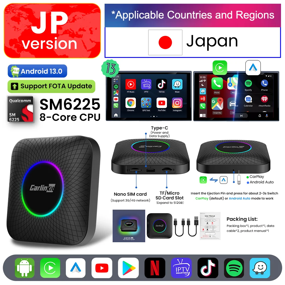 Carlinkit Android 13 Tv Box LED 8 + 128GB CarPlay Draadloze Android Auto Draadloze Adapter Ondersteuning Youtube Netfilx IPTV Spotify GPS