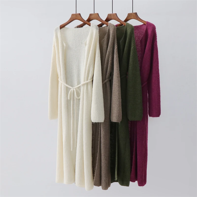 Autumn solid color woven bathrobe sweater with tie up mid length cardigan lazy and comfortable women's loose knee length coat