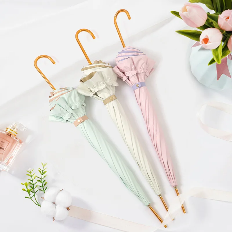 Dual-Use Anti-UV Sunshade Umbrella for Women Glue Color Lace Straight Pole with Curved Handle Cross-Border Popular for Traveling