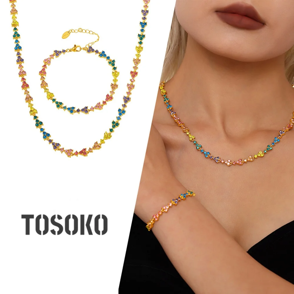 

TOSOKO хип-хоп цветной циркон треугольная цепочка с цветком сливы ожерелье для тяжелой промышленности женское модное ожерелье из нержавеющей стали P215