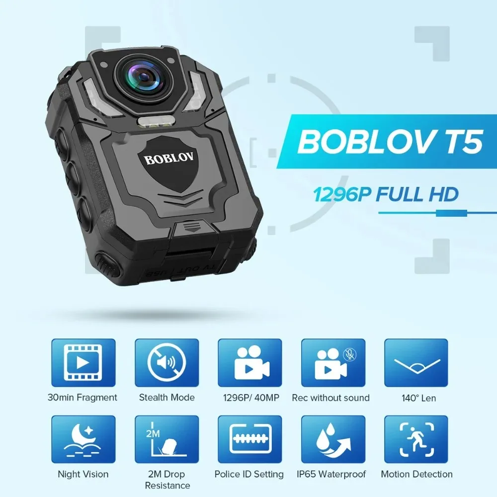 Boblov T5 Body Worn Camera HD 128GB DVR Video Security Cam IR Night Vision Wearable Mini Camcorders Loop Recording Police Camera