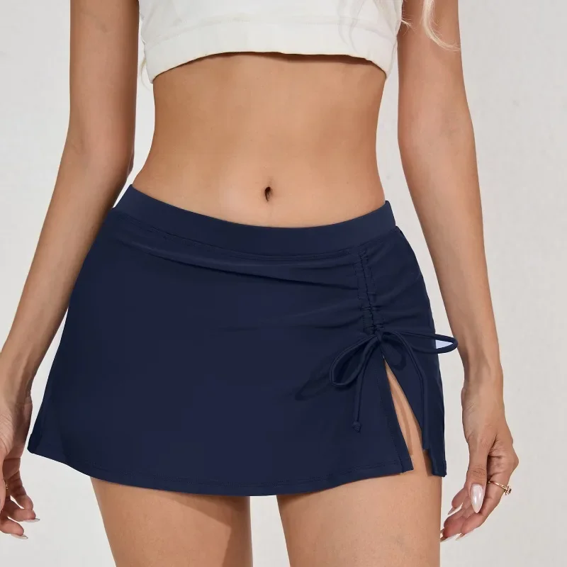 Shorts de natação feminino com cordão dividido, cintura média, monocromático, magro, baús de praia sexy, fundo casual, nova moda, verão