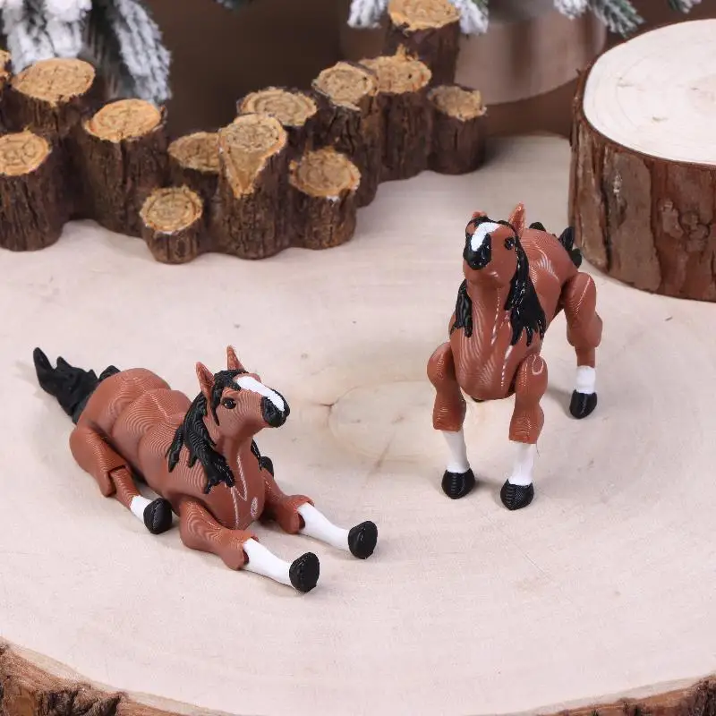 -3D Printed Horse Statue Multi-joint Movable Brown Horse Figurine Ornament Home Office Desktop Decorations Creative Gifts