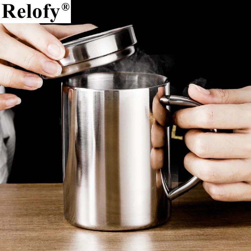 400ml 304 Stainless Steel Double Wall Mugs with Lid Coffee Cup Creative Water Cup with Handle Heat Insulation Beer Mug Drinkware