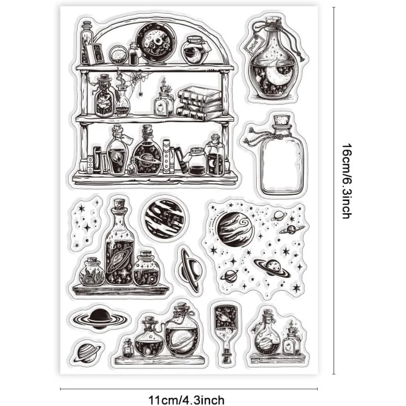 1Sheet Magic Potion Bottles Clear Stamps for Cards Making Universe Planet Silicone Clear Stamp Seals Transparent Stamps for DIY