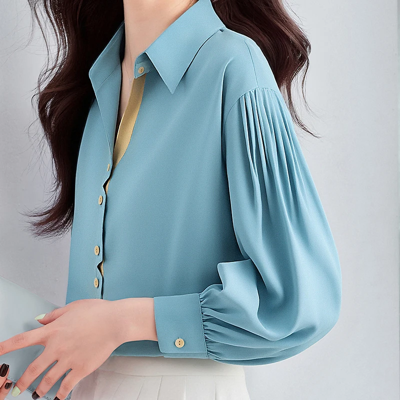 Camicie in chiffon alla moda Colore azzurro Patchwork Colletto rovesciato Manica lunga Elegante camicetta da donna da ufficio con maniche a lanterna