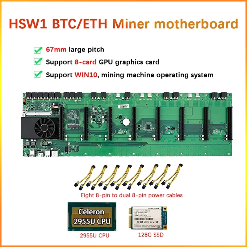 HSW1 8 Card ETH/BTC Mining Motherboard+2955U CPU+Fan+128G SSD+8X Power Cable 8 PCIE X16 Slot 67Mm DDR3 SODIMM RAM MSATA