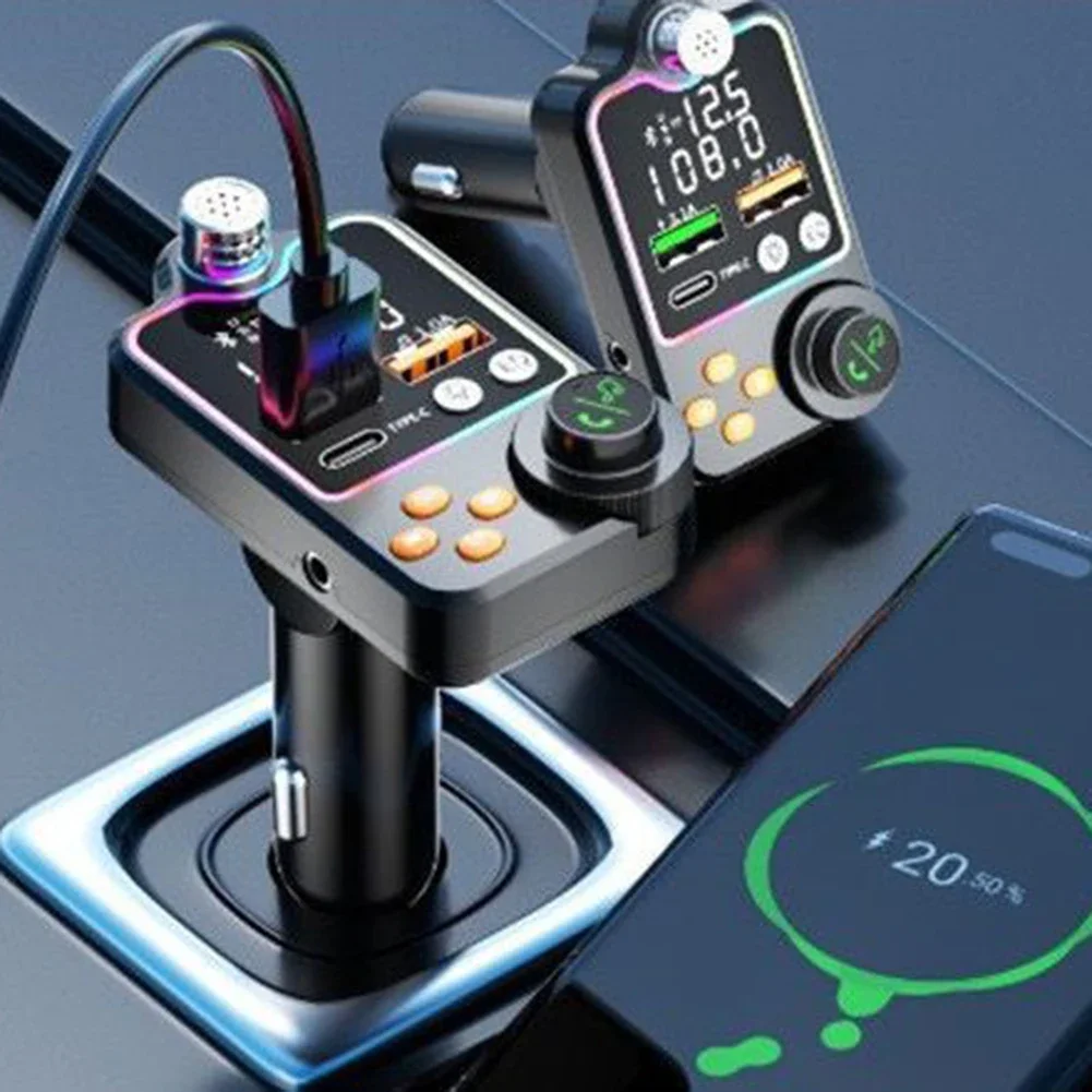 Wireless FM Transmitter Dual USB PD Charger Battery Voltage Detection Disk Playback Black In-car Use