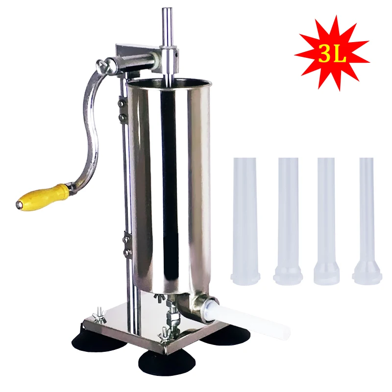 3L Vertical Manual Sausage Stuffer Machine With 4 Suction Cups Stainless Steel Sausage Maker Filler Meat Tools With 4Pc Tubes