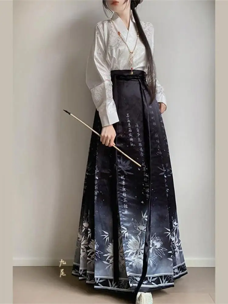 Women Hanfu Mamian Skirt Set Wuxia Ink Wash Lotus Bamboo Print Pleated Long Skirt Blue White Black Halloween Cosplay Performance