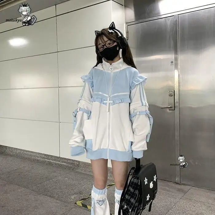 Y2K Kawaii Cat Ear Hoodie Women Pink Black Zip Up Jacket Sweet Ruffle Harajuku Streetwear Belt Girl Aesthetic Gothic Sweatshirt view 6