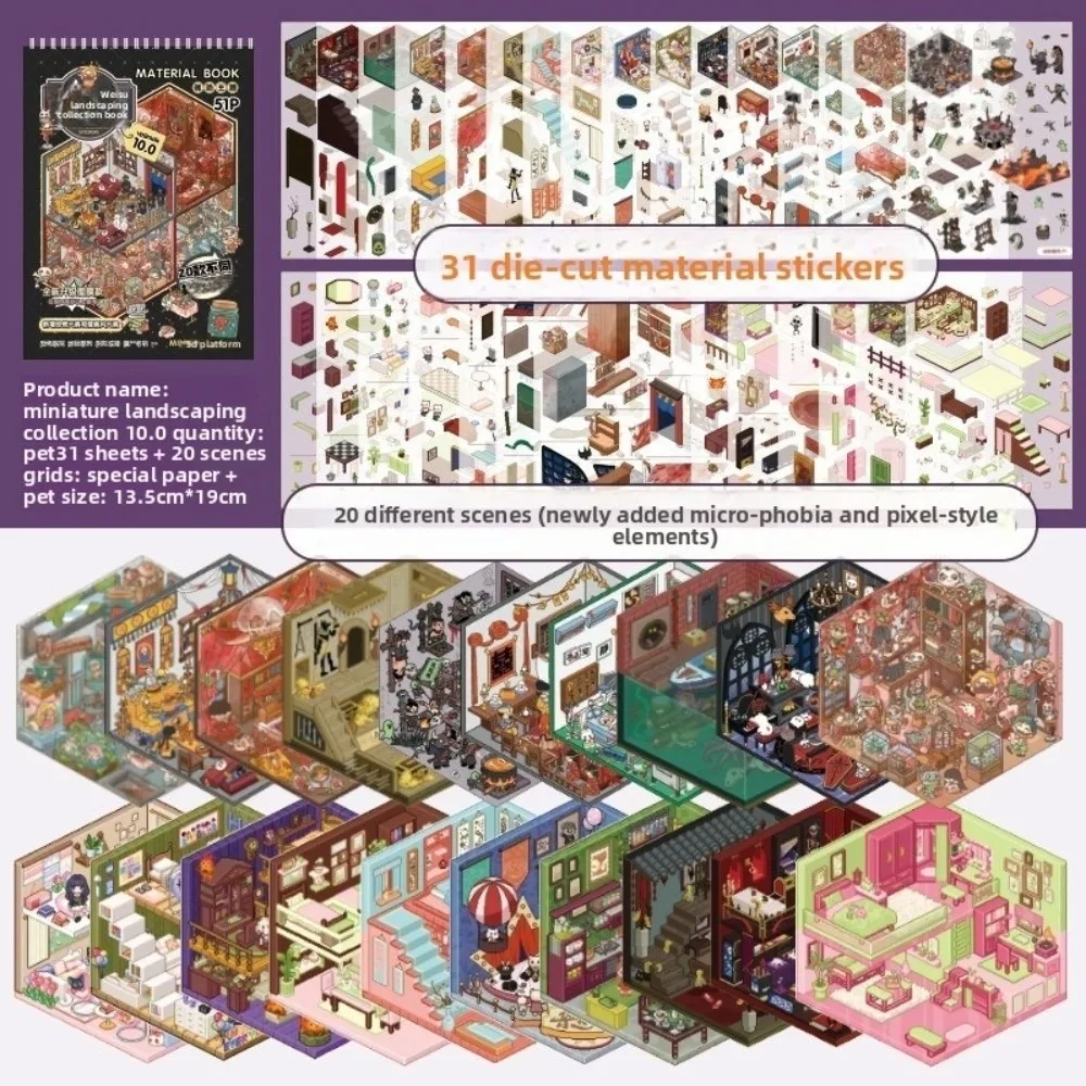 

Horror Theme Cabin Scene Stickers PET DIY Crafts 3D Miniature Houses Cartoon Town 20 Scene 51 Sheets Pocket Toy Game Book