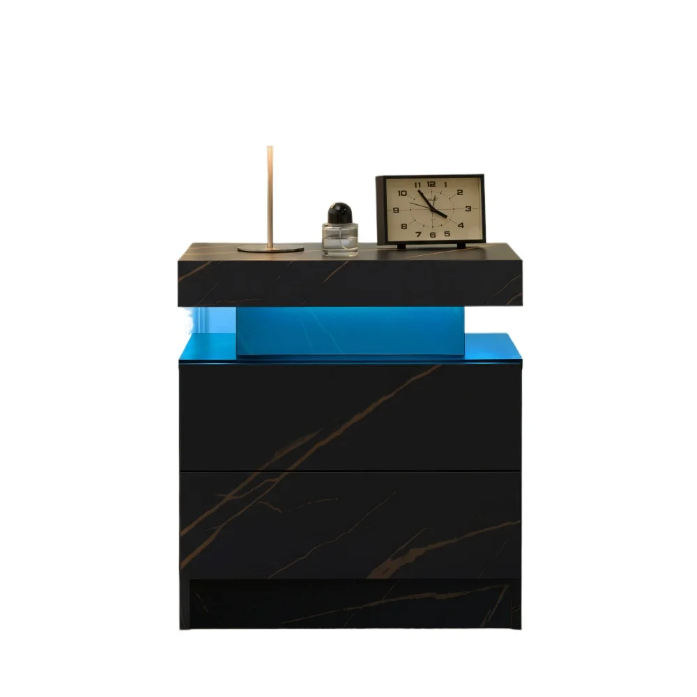 

Nightstand LED Bedside Table Cabinet Lights Modern End Side with 2 Drawers for Bedroom (Black Gold)