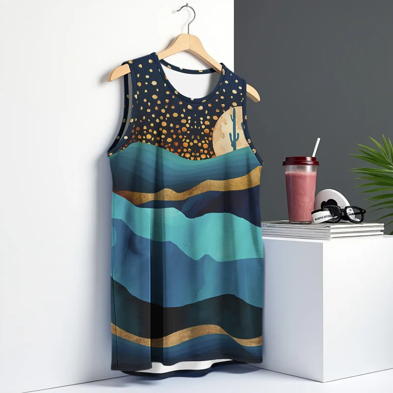Summer 2025 Hawaii Men Vest Street Fashion Round Neck Sleeveless Printed T Shirt Coconut Tree Design Outdoor Sports Fitness