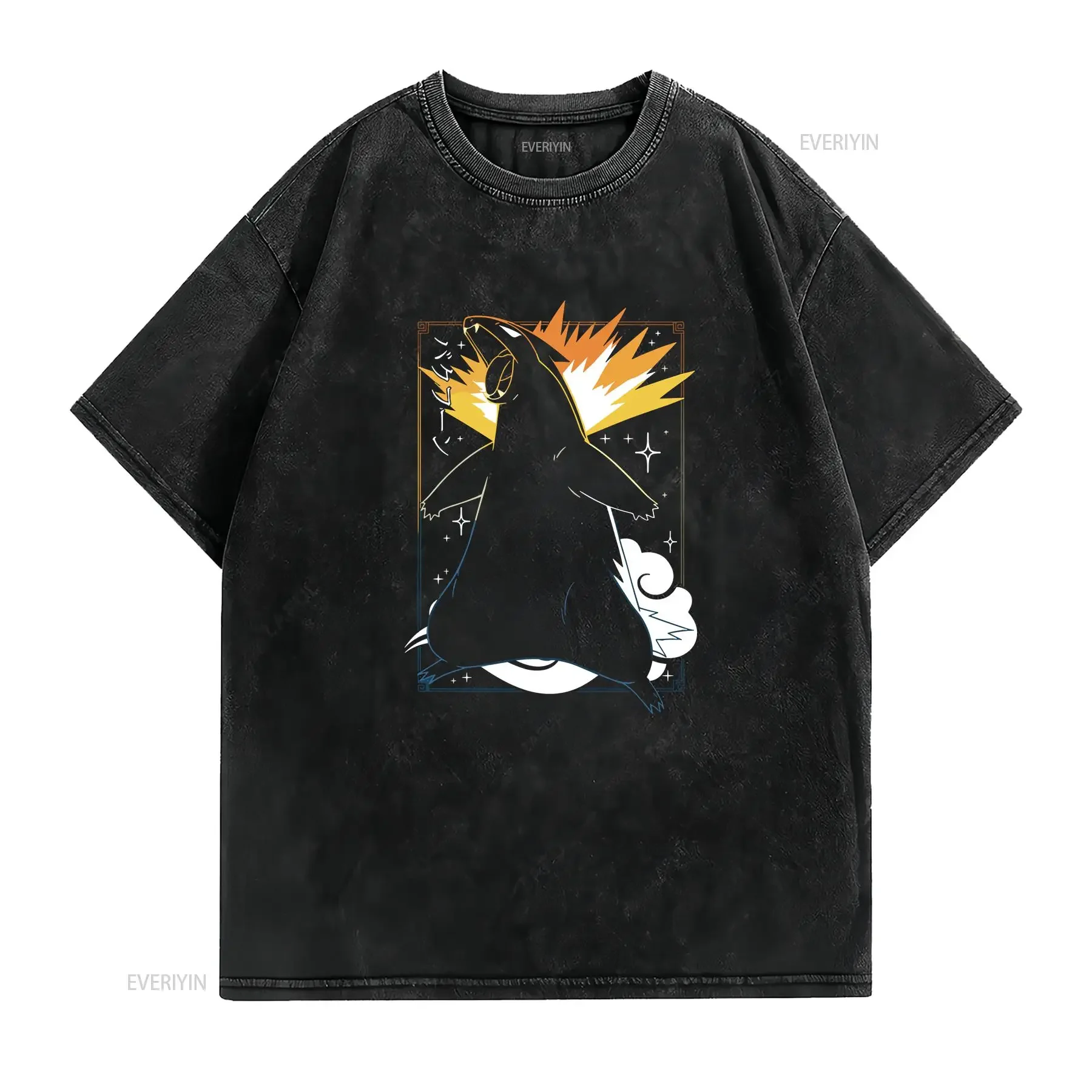 Typhlosion Black T Shirt Perfect for a Present Holiday Birthday vintage Washed Breathable Casual Unisex graphic Slightly