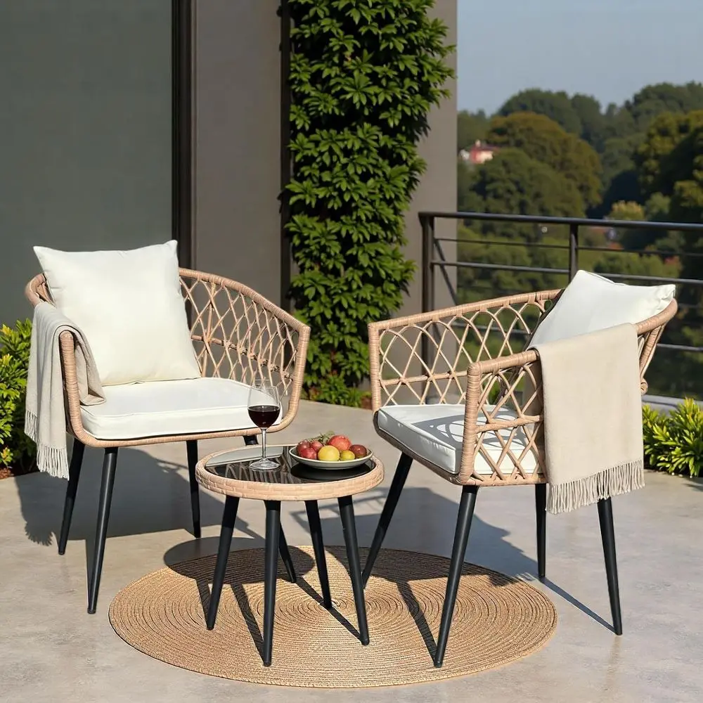 

All-Weather Wicker 3-Piece Bistro Set with Cushions and Glass Table for Outdoor Spaces
