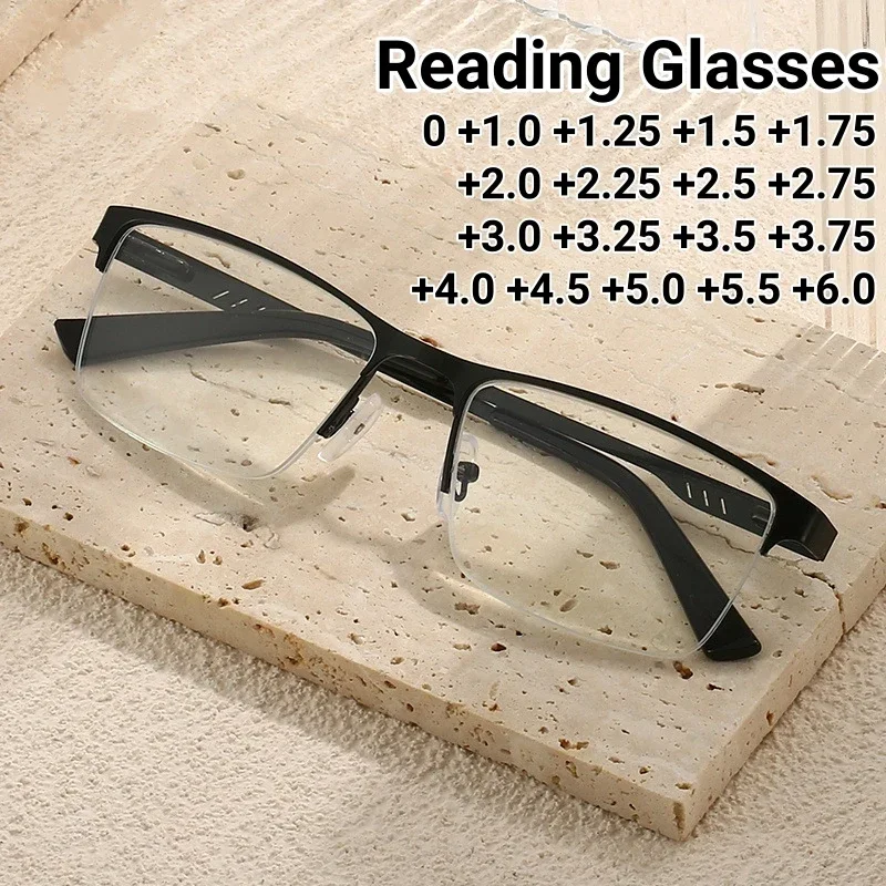 

Men Square Metal Large Half Frame Reading Spring Leg Elderly Presbyopia Glasses Blue Light Blocking Eye Protection Eyeglasses