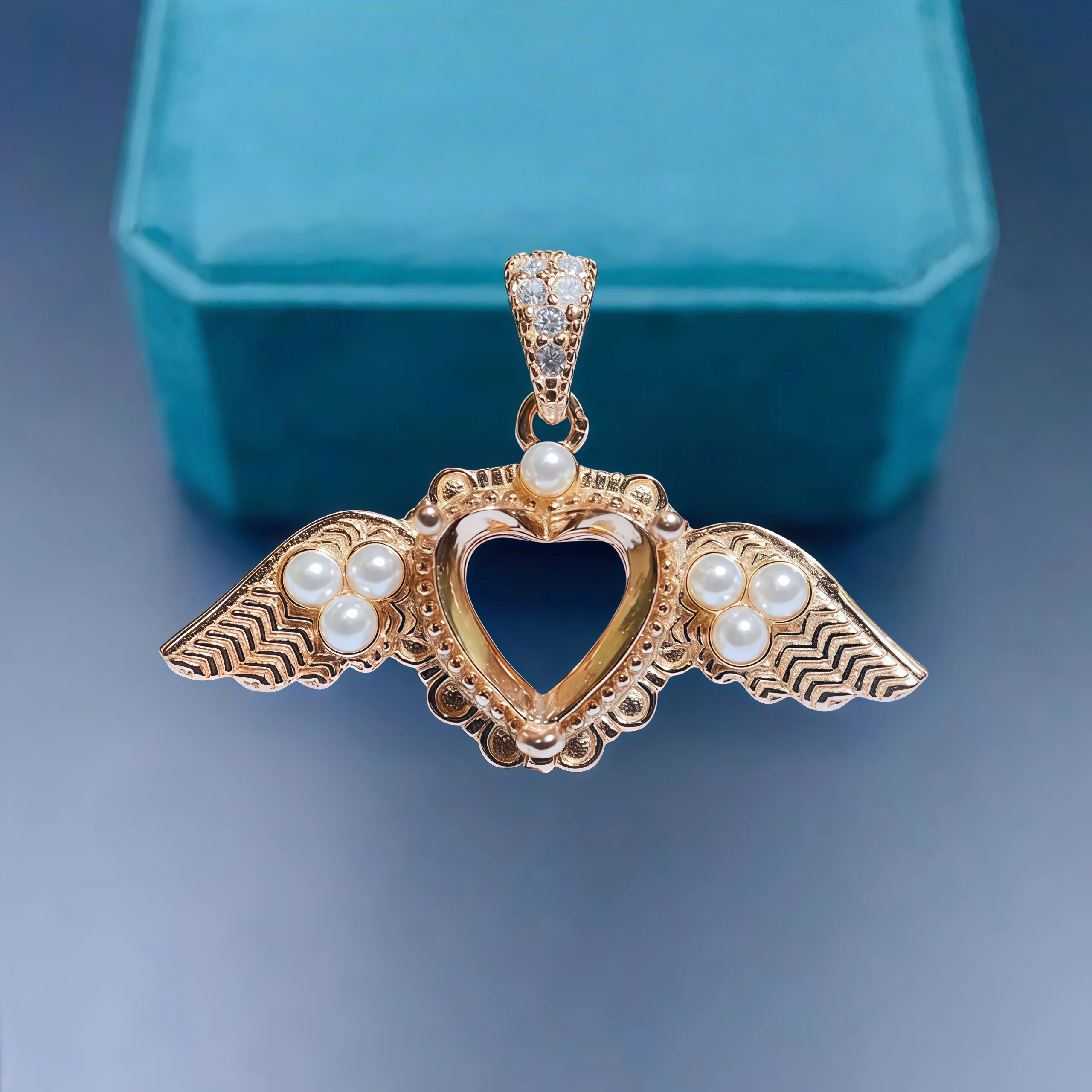 

L S925 Sterling Silver Empty Holder Pendant Settings 8mm Heart-shaped Stone Fine Charm DIY Jewelry Pearl Wing Design for Woman