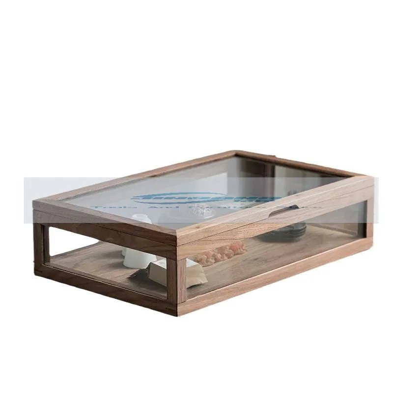 

Black walnut tea set display box dust-proof teacup five-sided transparent glass cabinet