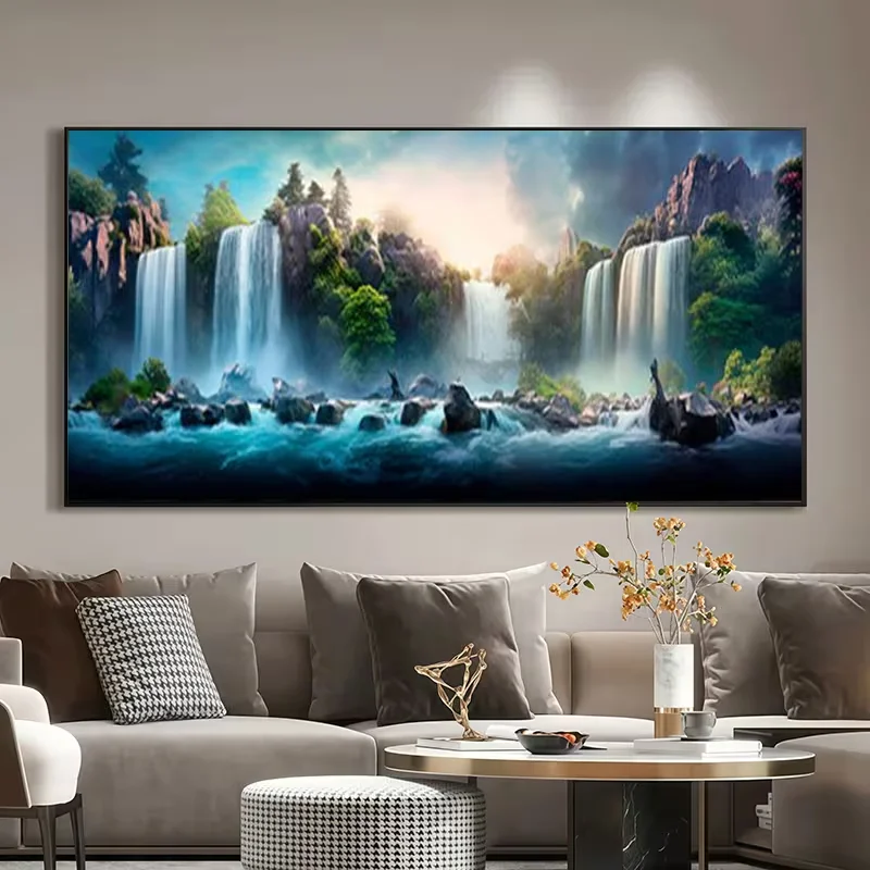 2D Flat, 2D Flat, Frameless Canvas Modern Waterfall Art - a Vibrant Landscape Featuring Cascading Waterfalls, Lush Greenery, And