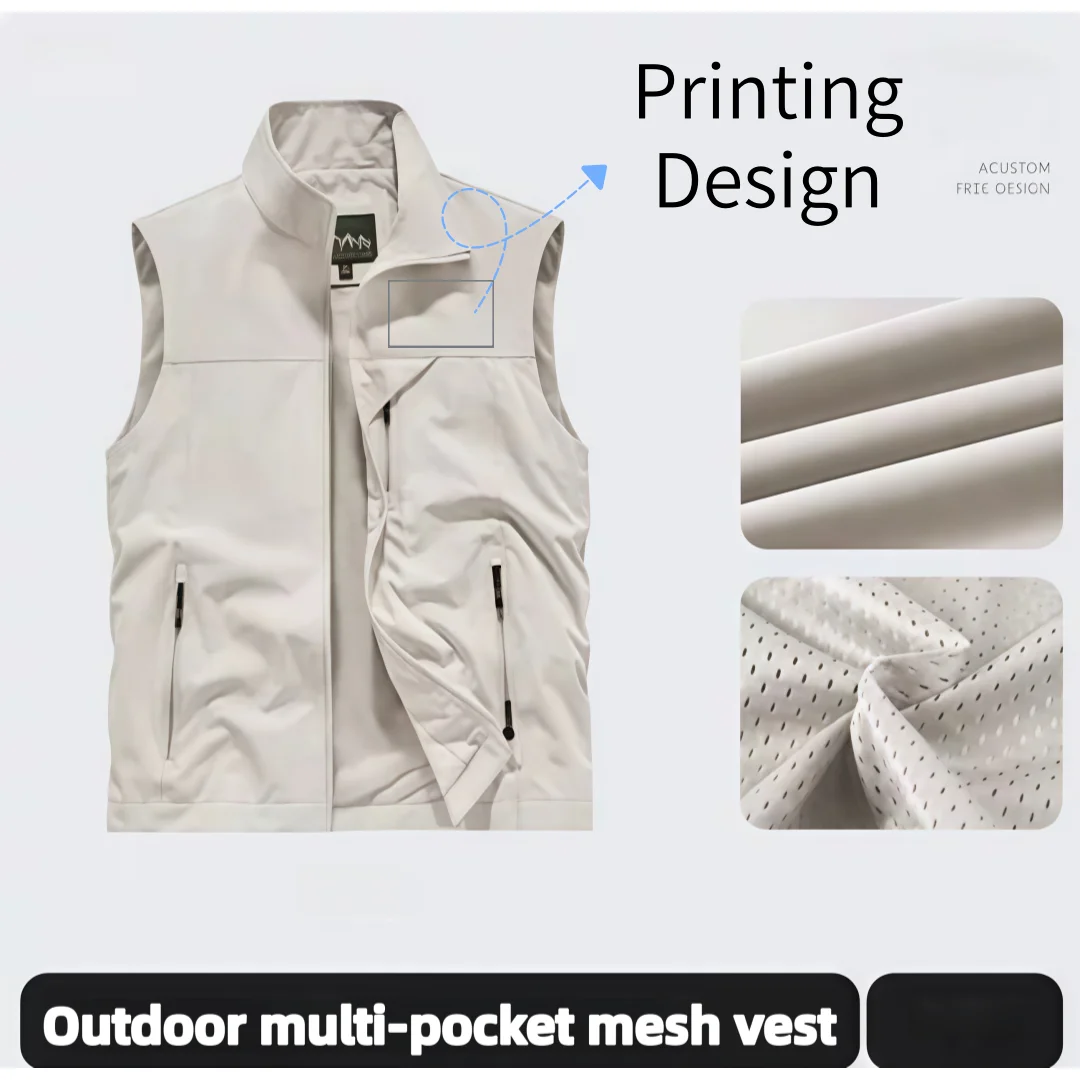 Spring 2026 Men's Mesh Vest Multi-Pocket Outdoor Casual Photography Fishing Jacket with Printed LOGO