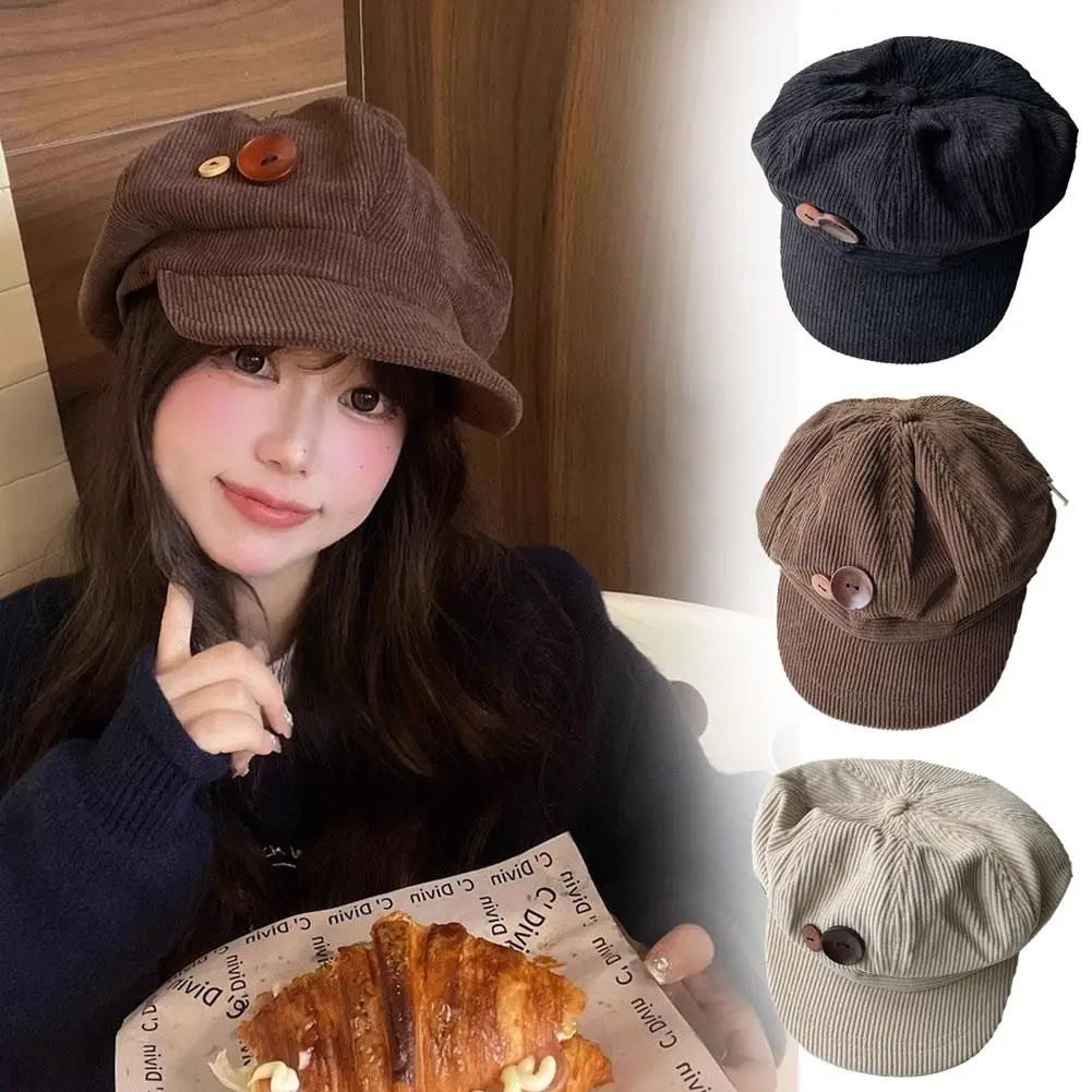 Vintage Cord Baskenmütze Hut für Frauen Koreanische Taste Achteckige Kappe Herbst Winter Maler Künstler Hüte Japanische Braune Schirmmützen