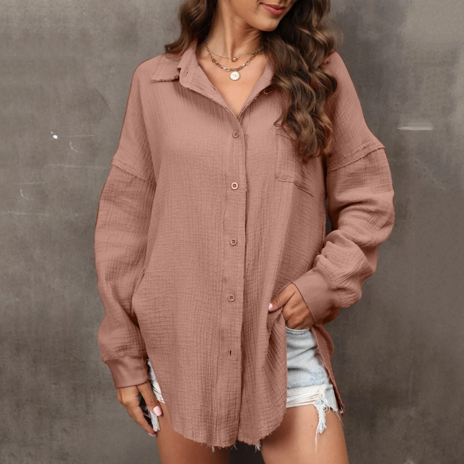 Womens New Fashion Shirts Trendy Solid Color Long Sleeve Top Blouse Lapel Button Front Pocket Top Shirts Hawaiian Shirts Mujer