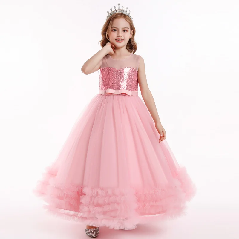 

Children's Summer Sequin-Adorned Wedding Dress, Crafted from Embroidered Net Gauze in a Princess Style
