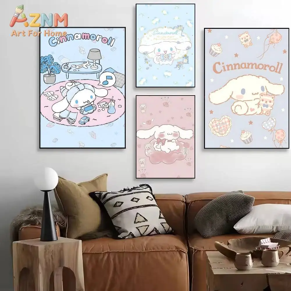 Cute Sanrio Cinnamoroll Wall Poster,Soft Pastel Blue Pink Canvas Print,Unframed Wall Art for Girls Bedroom Home Decoration Gift