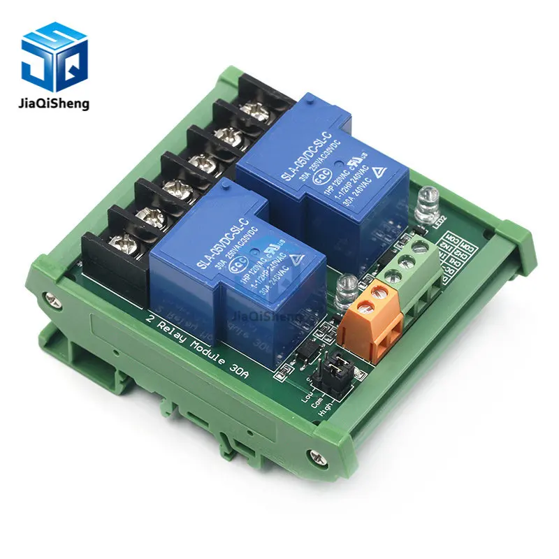 Two 2 Channel Relay Module 30A with Optocoupler Isolation High Low Trigger for Smart Home PLC with Guide Rail 5V 12V 24V