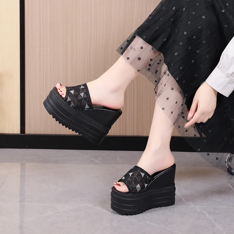 12cm Super High Heels Women Slippers Metain Chain Height Increasing Slides Women Wedding Shoes New Platform Black White Shoes