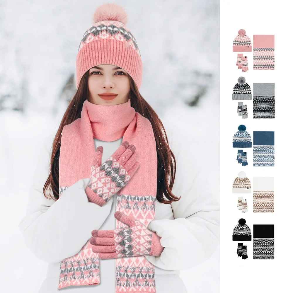 

Winter hiking Warm Woolen Jacquard Three-piece Set Winter Knitted Beanie Hat diamond lattice Knitted Gloves Scarves Hat Set