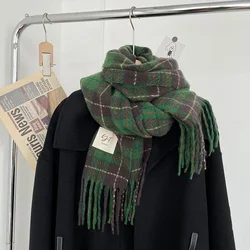 Women's Cashmere Scarf Green Plaid Vintage Winter Korean Thick Warm Long Tassel Shawl Neck Christmas Gift Fashion Accessories