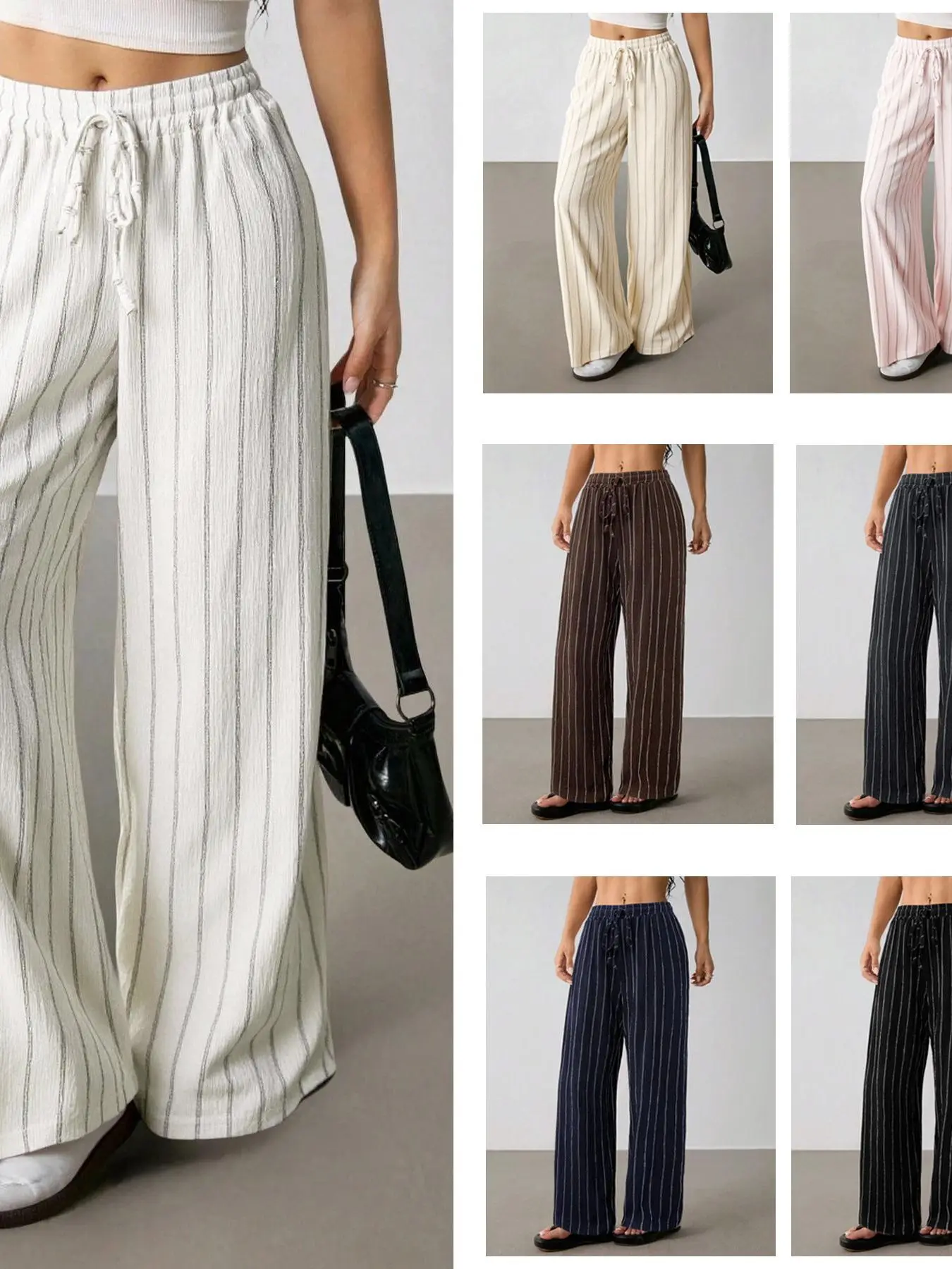 Color Block Wide Leg Pants Striped Drawstring High Waist Casual Trousers for Young Women Polyester Fiber Imported from China