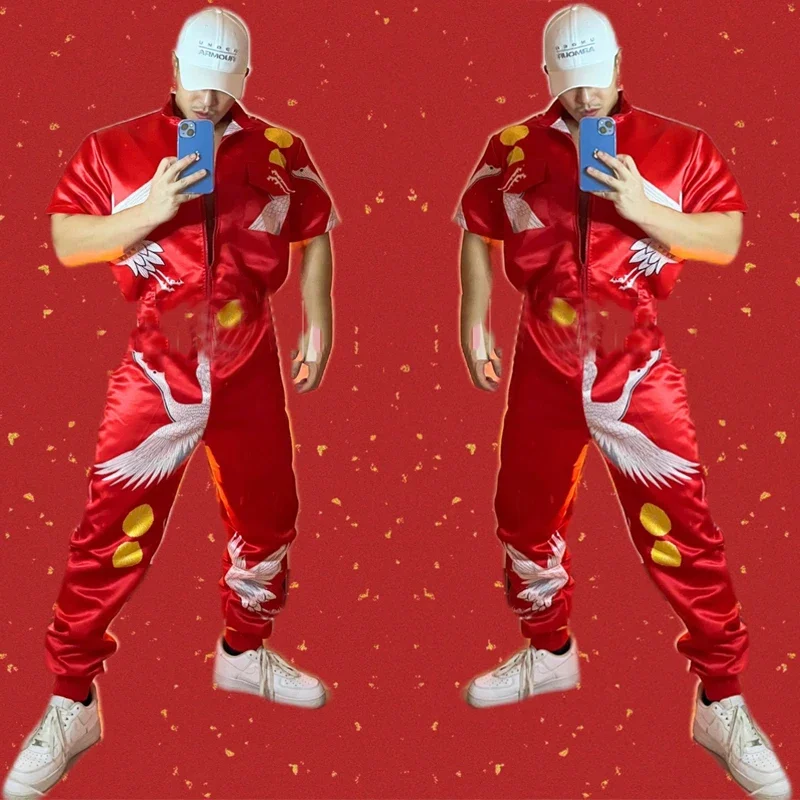 

Bar Nightclub Singer Ds Dj Gogo Costume Men Red Zipper Jumpsuit Pole Dance Wear Male Party Stage Jazz Clothes Outfit XS3505