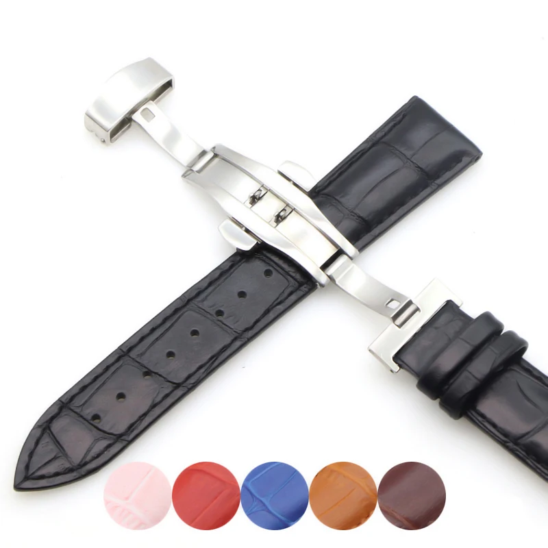 Genuine Leather Watch Straps 18mm20mm22mm24mm Universal Watch Butterfly Buckle Steel Band Buckle Bracelet Bangle Bracelet + Tool