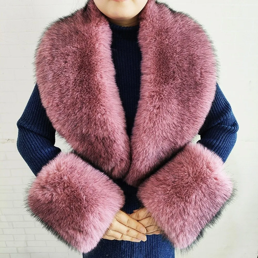 Luxury Large Size Faux Fur Collar Set V Shape Oversized Shawl Collar Wrap Thick Warm Detachable Fur Cuff Set Overcoat Matching