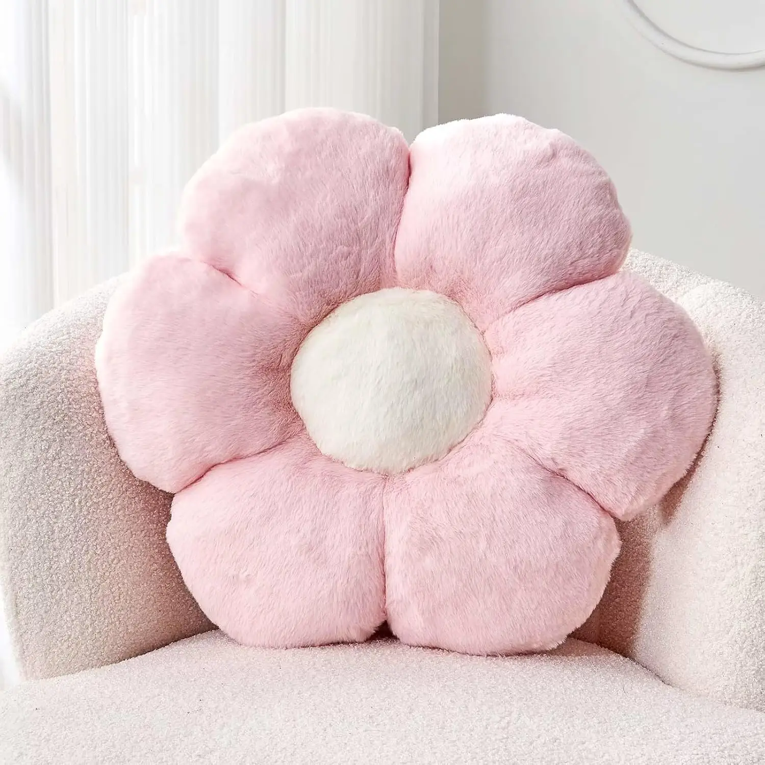 Soft Pink Flower Pillow, Cute Faux Fur Decorative Throw for Bedroom Living Room Décor