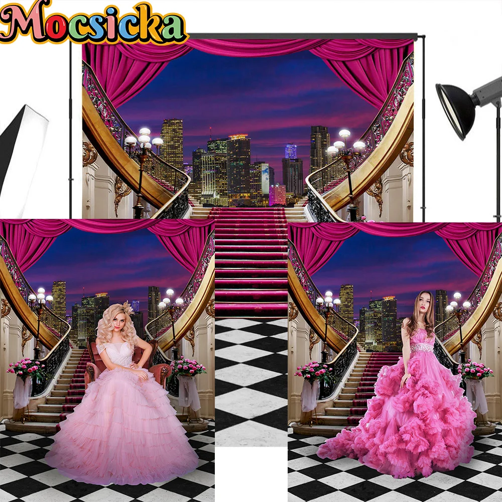 

Girl Birthday Party Decoration Photography Background Palace Stairs Flower Curtain Building Backdrop Prop Princess Wedding Photo